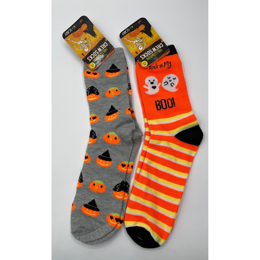 Eat Drink Be Scary Halloween Crew Socks 2 Pair Bundle Ghost Pumpkin‎ Orange Grey